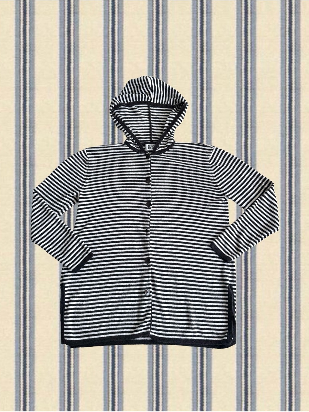 Striped Hooded Button Cardigan - Black & White